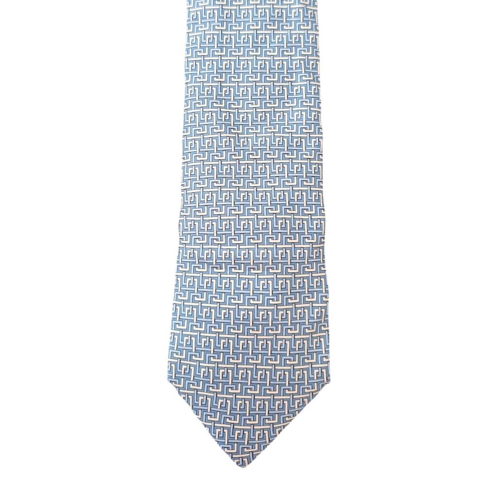 Vintage Hermès 100% Silk Men's Blue Tie With Blue & White Geometric Designs